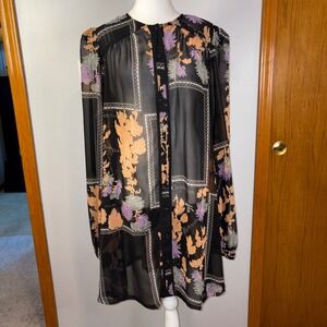 ASOS‎ Floral Patchwork Print Sheer Button Up Long Sleeve Mini Dress US 14